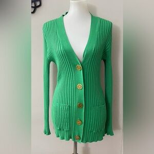 Etoile Green Ribbed Knit Women's Sweater with Gold Buttons Preppt Minimalist